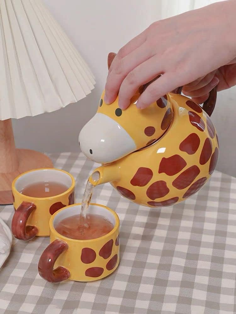 Giraffe Ceramic Teapot Cute Cartoon Yellow Tea Set with 2 Cups