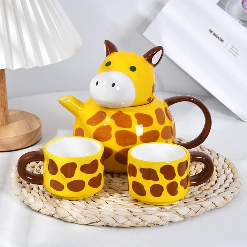 Giraffe Ceramic Teapot Cute Cartoon Yellow Tea Set with 2 Cups