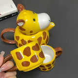 Giraffe Ceramic Teapot Cute Cartoon Yellow Tea Set with 2 Cups