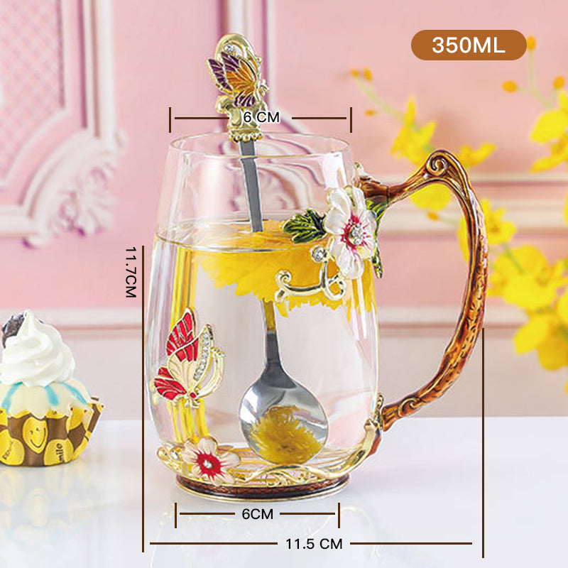 Enamel Sunflower Crystal Glass Tea Cup with Spoon & Crystal Lid & Gift Box