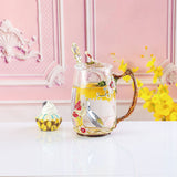 Enamel Sunflower Crystal Glass Tea Cup with Spoon & Crystal Lid & Gift Box